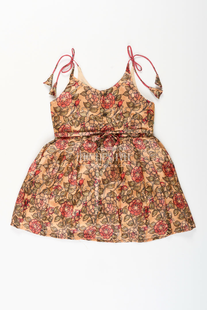 Silk blend floral tie-up frock for baby girls with traditional gold border