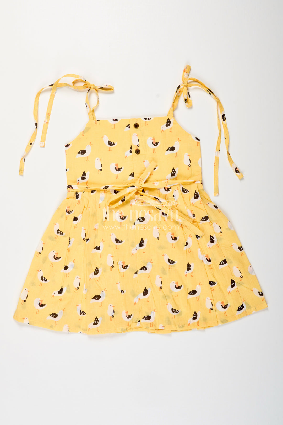 Yellow tie-up cotton frock for toddler girls with playful bird print