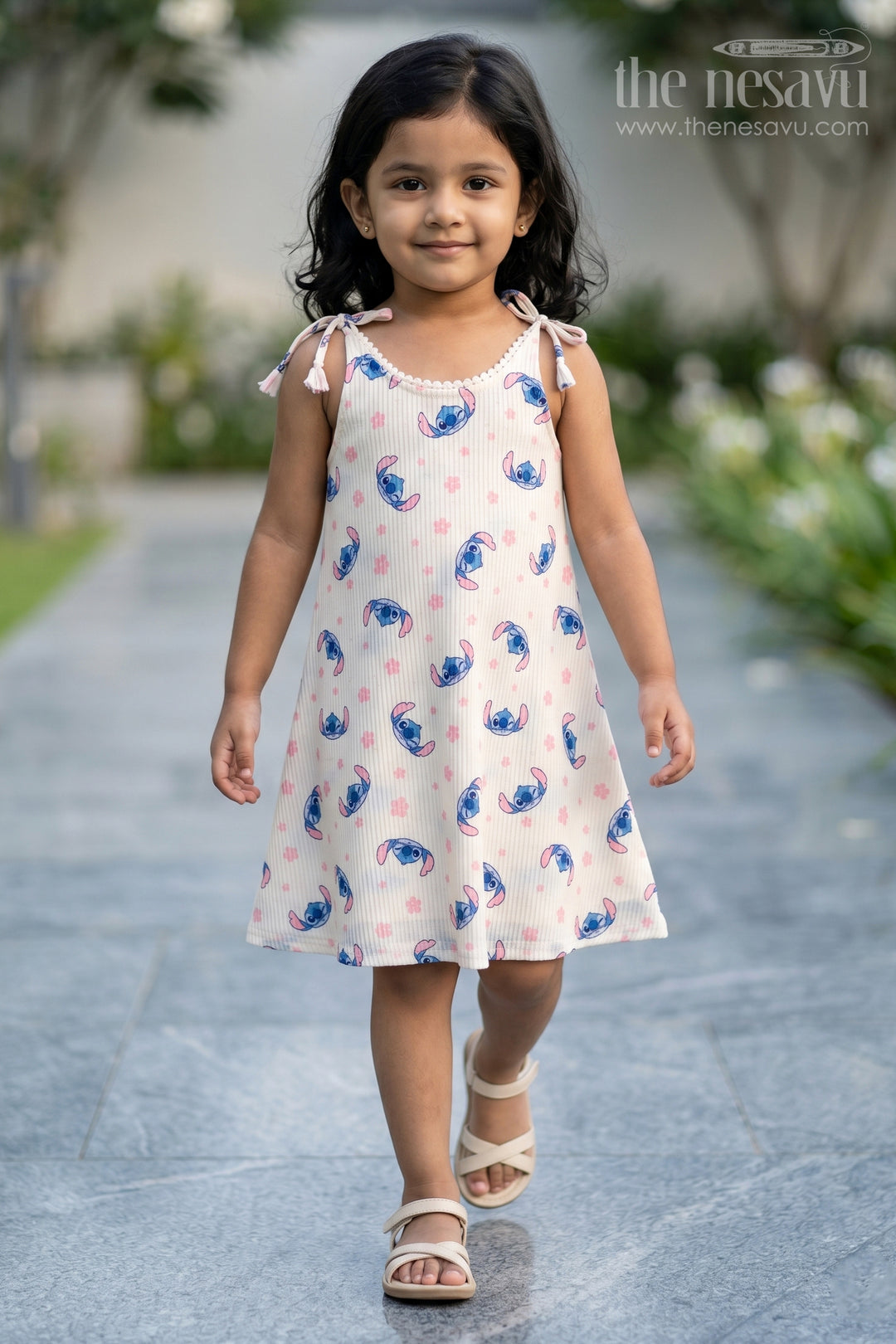 Tie-up Shoulder Frock for Toddler Girls with Playful Cartoon Print