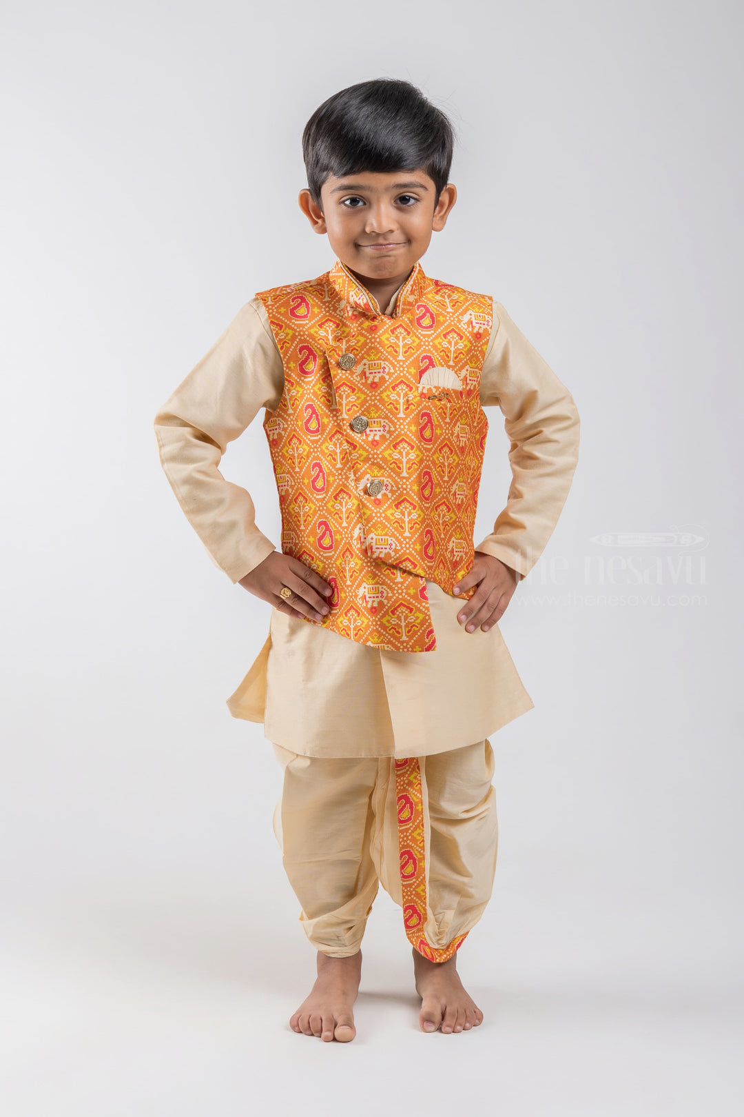 The Nesavu Boys Jacket Sets 2 Set Pant Designer Kurta For Baby Boys With Orange Overcoat psr silks Nesavu 10 (NB) / Half white / Silk Blend BES124