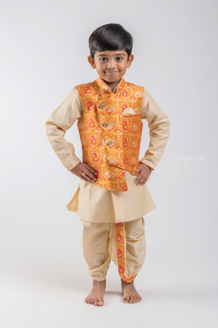 The Nesavu Boys Jacket Sets 2 Set Pant Designer Kurta For Baby Boys With Orange Overcoat psr silks Nesavu 10 (NB) / Half white / Silk Blend BES124