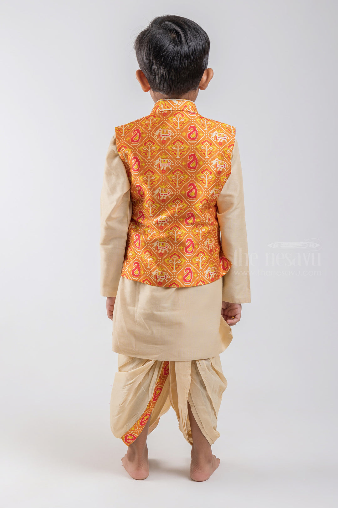 The Nesavu Boys Jacket Sets 2 Set Pant Designer Kurta For Baby Boys With Orange Overcoat psr silks Nesavu