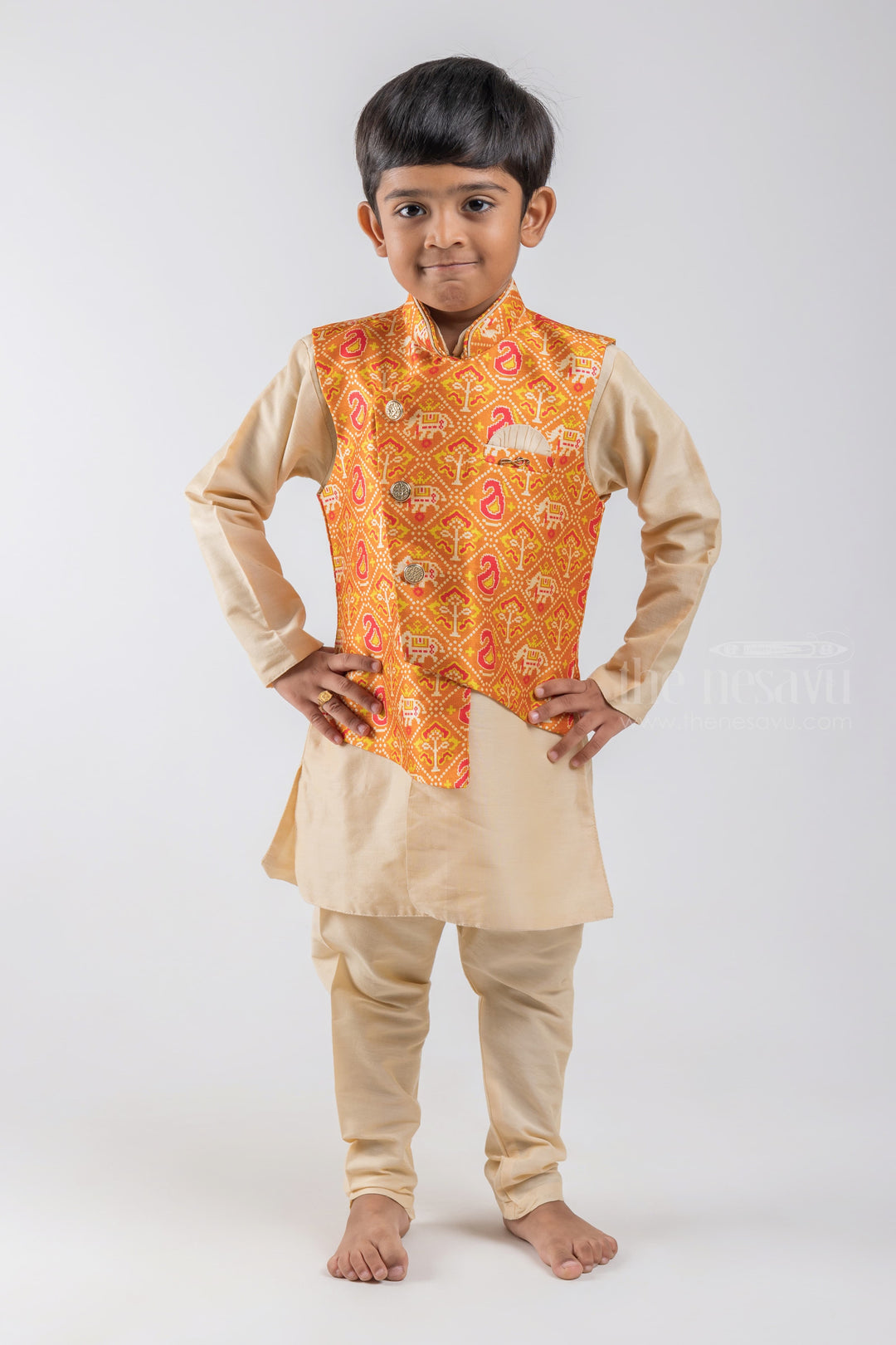 The Nesavu Boys Jacket Sets 2 Set Pant Designer Kurta For Baby Boys With Orange Overcoat psr silks Nesavu