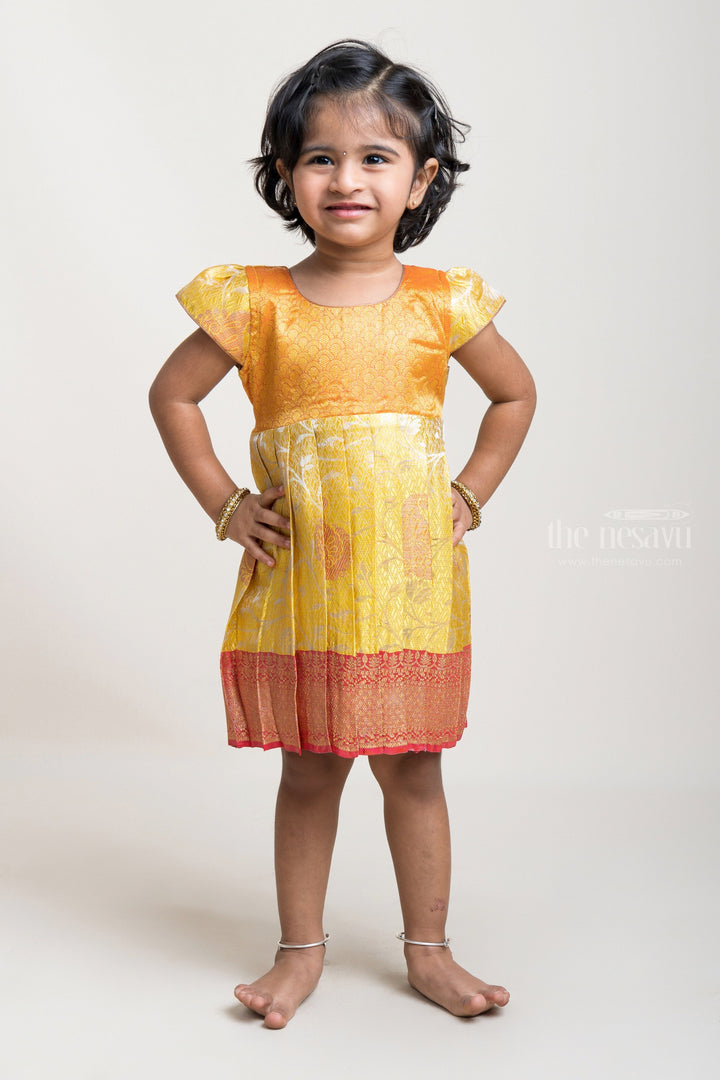 The Nesavu Silk Frock Adorable and Eye-Catching Pleated Semi-Silk with Golden Designer Yoke Frock For Girls Nesavu 16 (1Y) / Yellow SF483B Chic and Comfortable Silk Frocks | Latest Silk Frock Collection | The Nesavu
