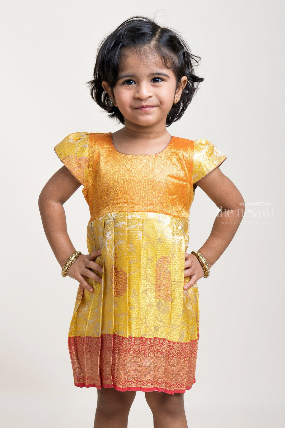 The Nesavu Silk Frock Adorable and Eye-Catching Pleated Semi-Silk with Golden Designer Yoke Frock For Girls Nesavu Chic and Comfortable Silk Frocks | Latest Silk Frock Collection | The Nesavu