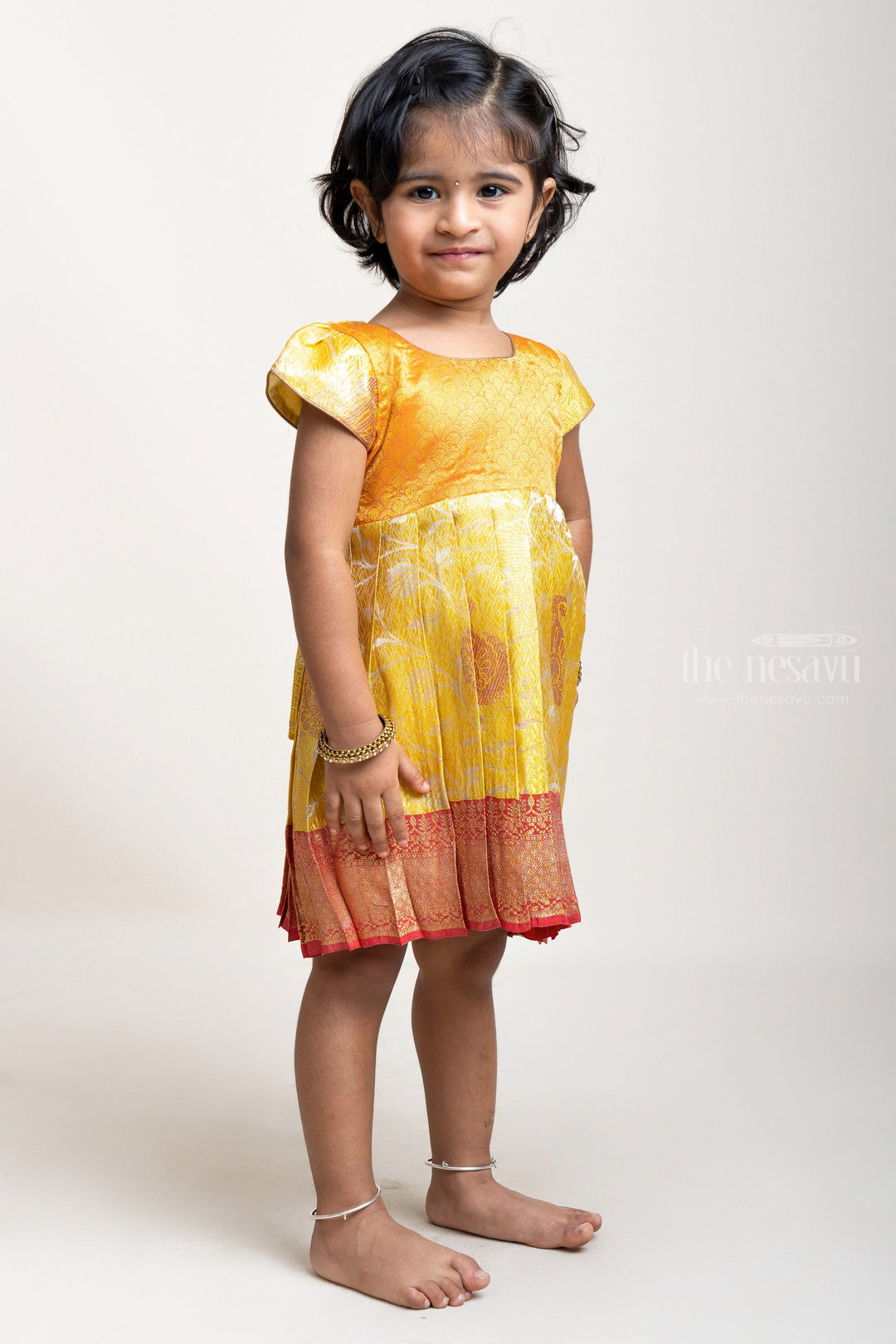 The Nesavu Silk Frock Adorable and Eye-Catching Pleated Semi-Silk with Golden Designer Yoke Frock For Girls Nesavu Chic and Comfortable Silk Frocks | Latest Silk Frock Collection | The Nesavu