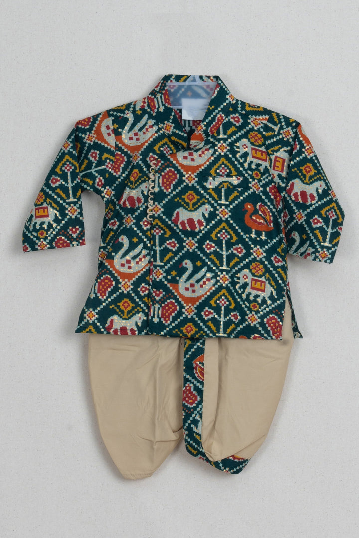 The Nesavu Boys Dothi Set Adorable Animal Printed Green Boys Cotton Kurta With Beige Panchakacham Nesavu 10 (NB) / Green / Glazed Cotton BES327B-10 Latest Kurta Design For Boys | Boys Kurta Online | The Nesavu
