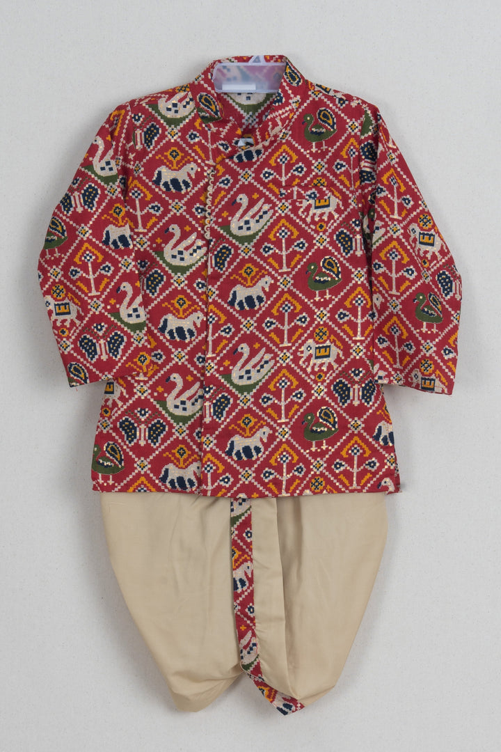 The Nesavu Boys Dothi Set Adorable Animal Printed Red Boys Cotton Kurta With Beige Panchakacham Nesavu 10 (NB) / Red / Glazed Cotton BES327A-10 Latest Kurta Design For Boys | Boys Kurta Online | The Nesavu