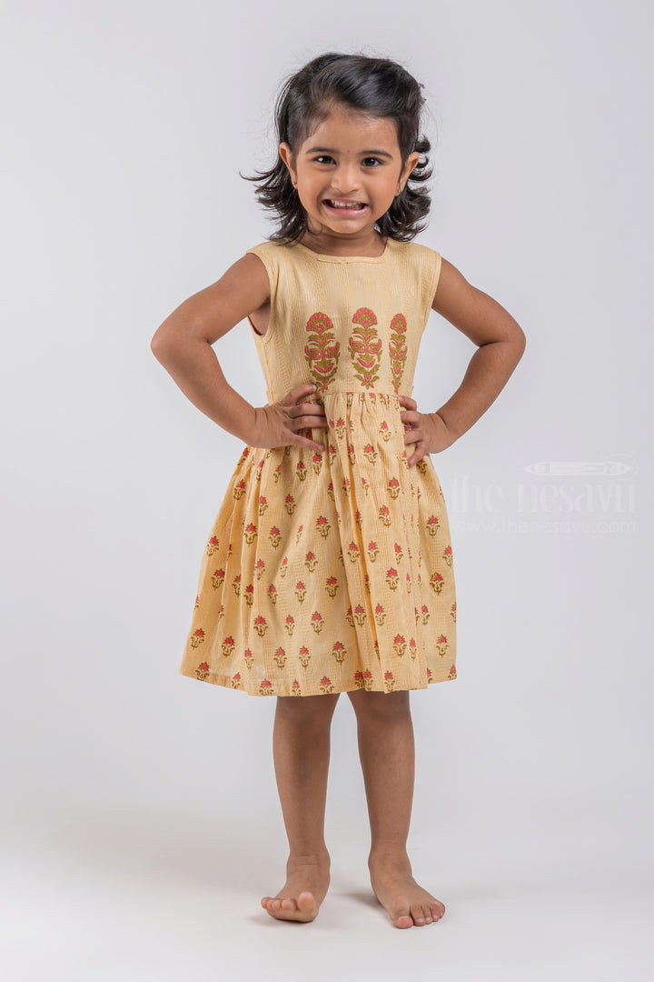 The Nesavu Girls Cotton Frock Adorable Beige Hand Block Printed Sleeveless Cotton Frock psr silks Nesavu 16 (1Y) / Beige / Chanderi GFC1000A