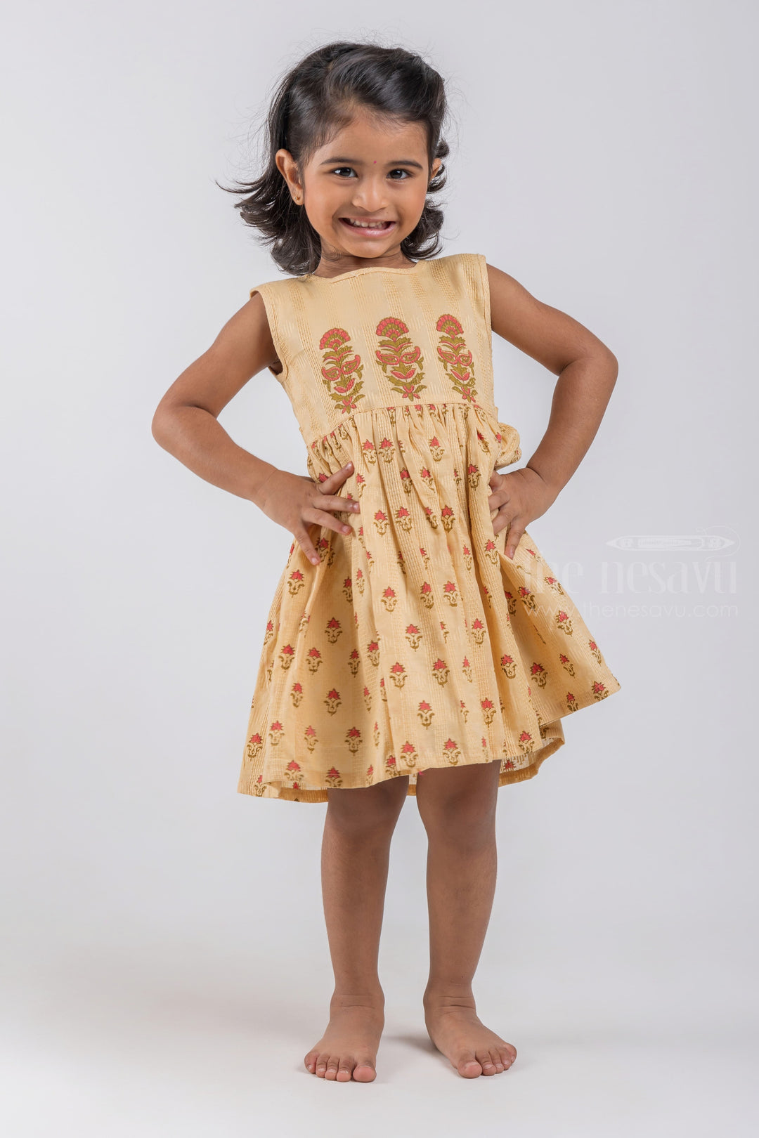 The Nesavu Girls Cotton Frock Adorable Beige Hand Block Printed Sleeveless Cotton Frock psr silks Nesavu