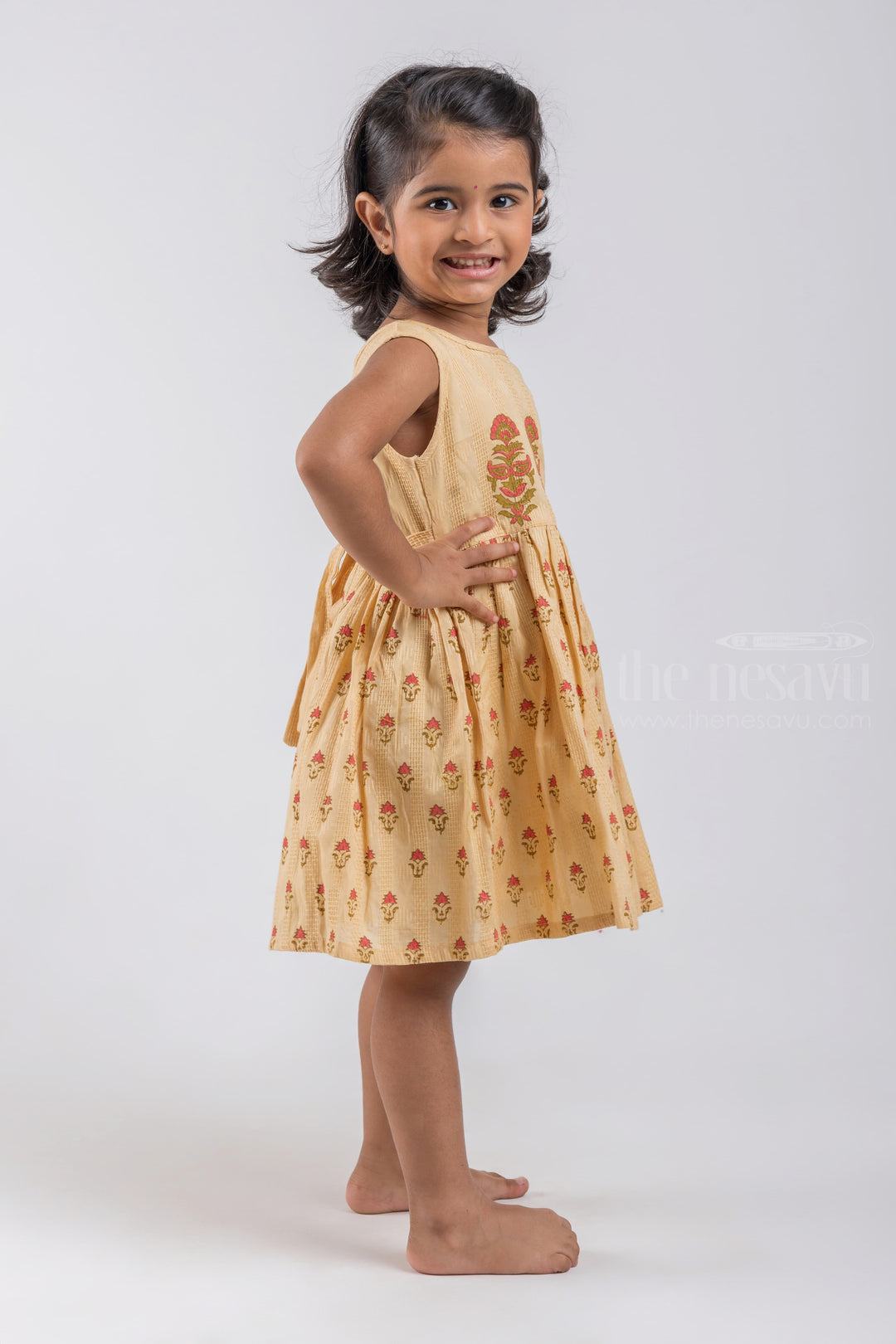 The Nesavu Girls Cotton Frock Adorable Beige Hand Block Printed Sleeveless Cotton Frock psr silks Nesavu