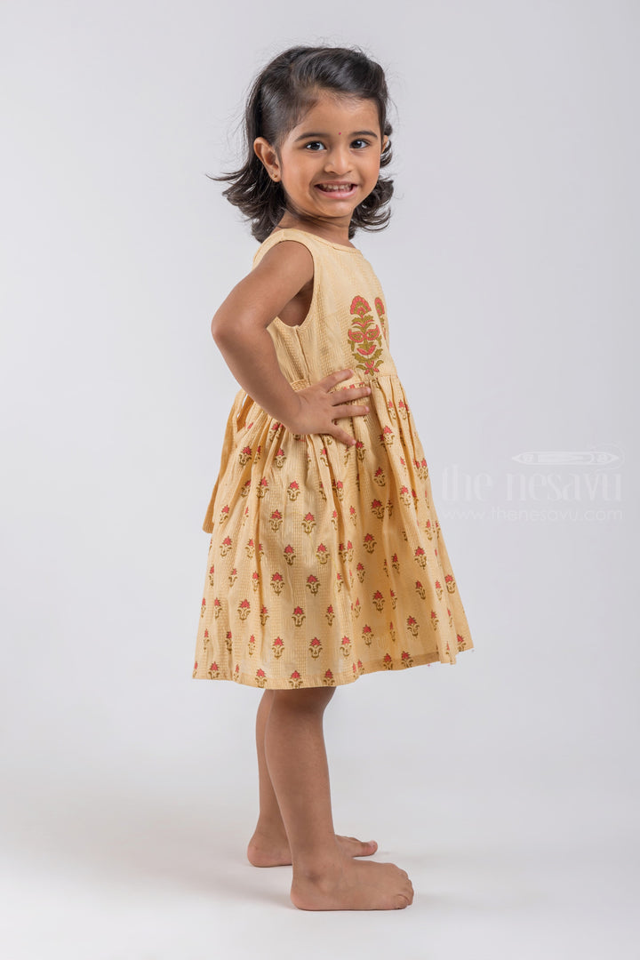 The Nesavu Girls Cotton Frock Adorable Beige Hand Block Printed Sleeveless Cotton Frock psr silks Nesavu