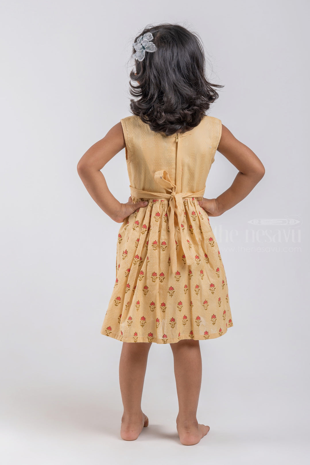 The Nesavu Girls Cotton Frock Adorable Beige Hand Block Printed Sleeveless Cotton Frock psr silks Nesavu