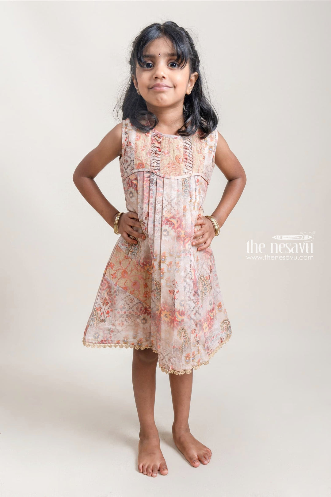The Nesavu Girls Cotton Frock Adorable Beige Paisley Printed Pleated Cotton Frock For Girls Nesavu 22 (4Y) / Beige / Cotton GFC1026A-22 Fantastic Floral Printed Cotton Frock For Girls | Premium Cotton Frocks | The Nesavu