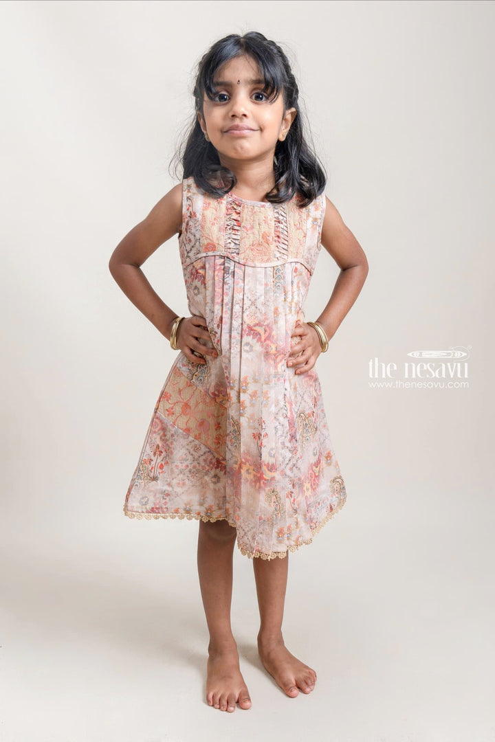 The Nesavu Girls Cotton Frock Adorable Beige Paisley Printed Pleated Cotton Frock For Girls Nesavu 22 (4Y) / Beige / Cotton GFC1026A-22 Fantastic Floral Printed Cotton Frock For Girls | Premium Cotton Frocks | The Nesavu