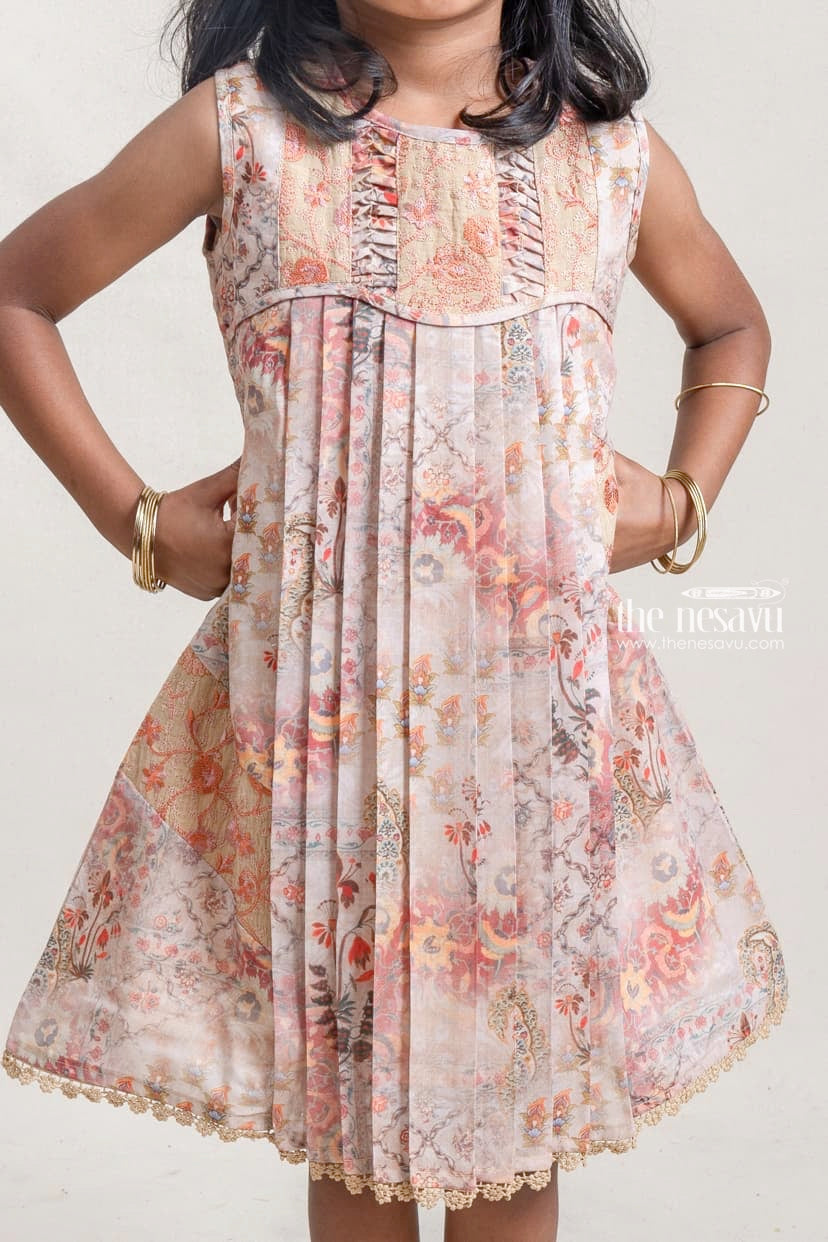 The Nesavu Girls Cotton Frock Adorable Beige Paisley Printed Pleated Cotton Frock For Girls Nesavu Fantastic Floral Printed Cotton Frock For Girls | Premium Cotton Frocks | The Nesavu