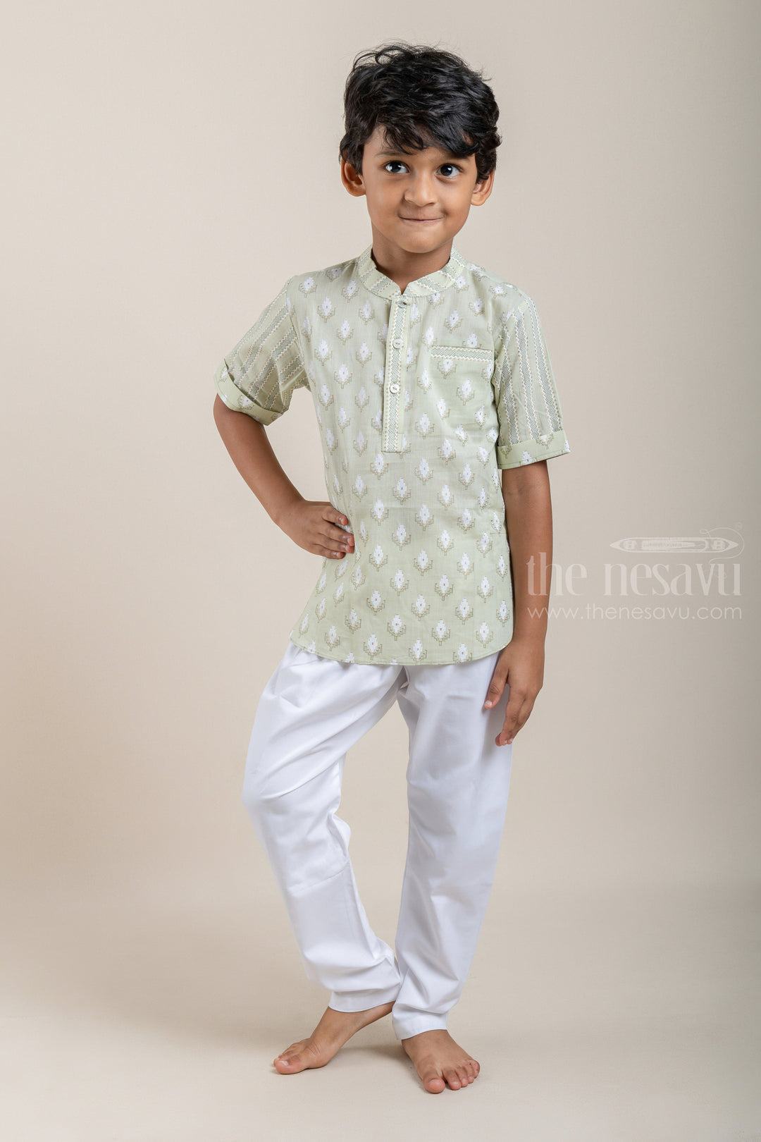 The Nesavu Boys Kurtha Shirt Adorable Butta Printed Olive Green Cotton Shirt For Boys Nesavu 12 (3M) / Green / Cotton BS018B Latest Printed Cotton Shirts For Boys | Ethnic Shirt | The Nesavu