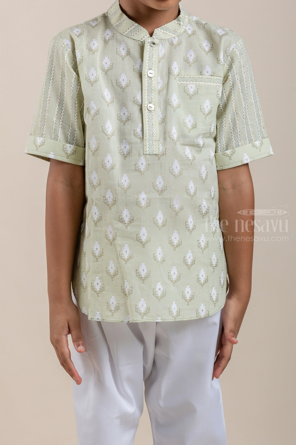 The Nesavu Boys Kurtha Shirt Adorable Butta Printed Olive Green Cotton Shirt For Boys Nesavu Latest Printed Cotton Shirts For Boys | Ethnic Shirt | The Nesavu