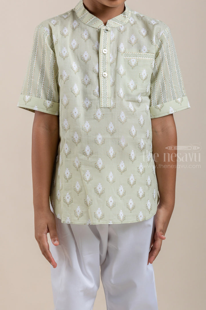 The Nesavu Boys Kurtha Shirt Adorable Butta Printed Olive Green Cotton Shirt For Boys Nesavu Latest Printed Cotton Shirts For Boys | Ethnic Shirt | The Nesavu