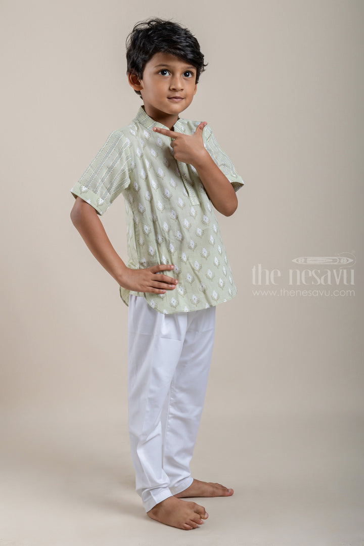 The Nesavu Boys Kurtha Shirt Adorable Butta Printed Olive Green Cotton Shirt For Boys Nesavu Latest Printed Cotton Shirts For Boys | Ethnic Shirt | The Nesavu