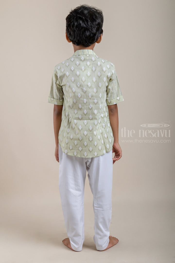 The Nesavu Boys Kurtha Shirt Adorable Butta Printed Olive Green Cotton Shirt For Boys Nesavu Latest Printed Cotton Shirts For Boys | Ethnic Shirt | The Nesavu