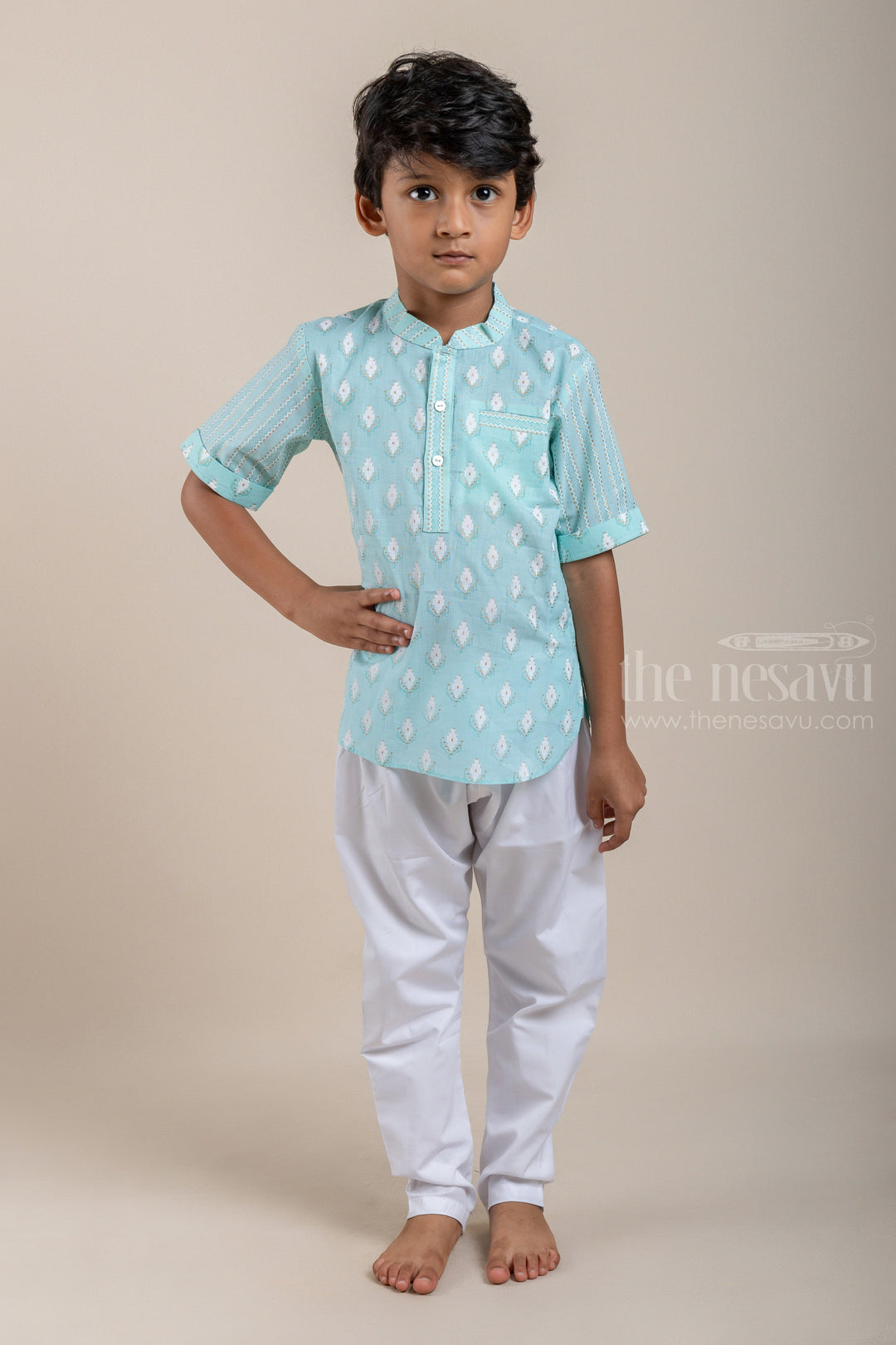 The Nesavu Boys Kurtha Shirt Adorable Butta Printed Turquoise Cotton Shirt For Boys Nesavu 12 (3M) / Turquoise / Cotton BS018A Latest Printed Cotton Shirts For Boys | Ethnic Shirt | The Nesavu