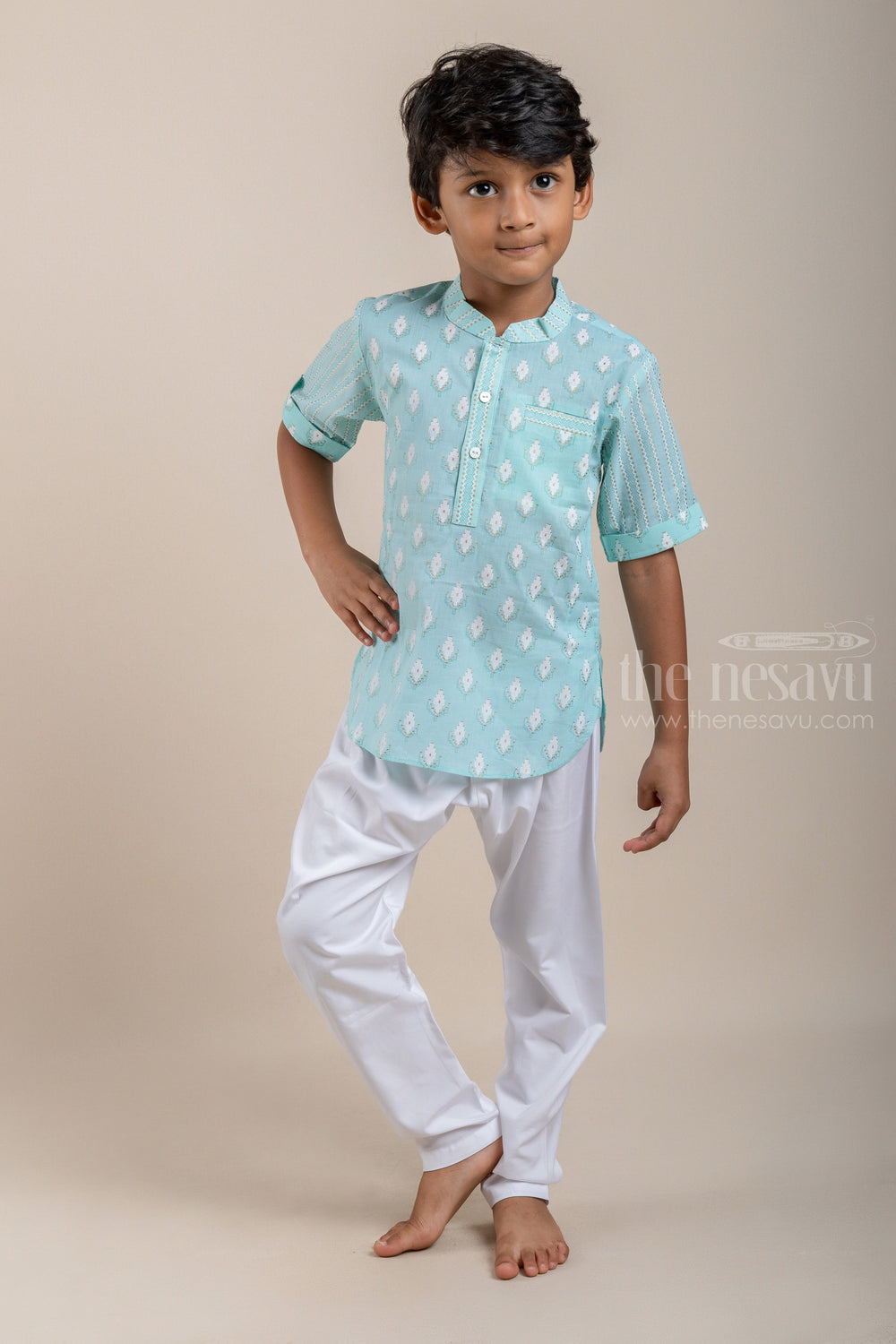 The Nesavu Boys Kurtha Shirt Adorable Butta Printed Turquoise Cotton Shirt For Boys Nesavu Latest Printed Cotton Shirts For Boys | Ethnic Shirt | The Nesavu