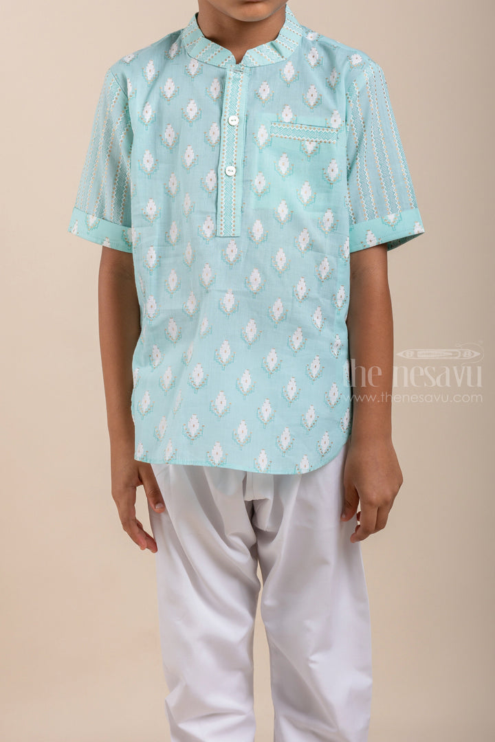 The Nesavu Boys Kurtha Shirt Adorable Butta Printed Turquoise Cotton Shirt For Boys Nesavu Latest Printed Cotton Shirts For Boys | Ethnic Shirt | The Nesavu