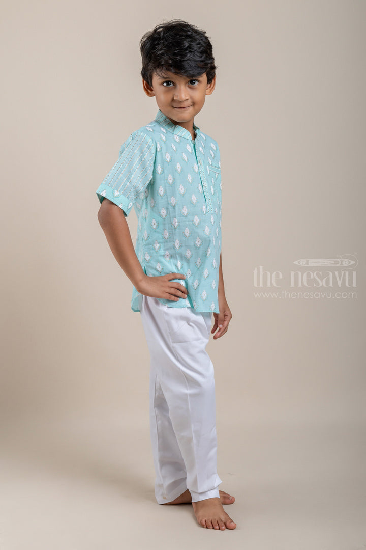 The Nesavu Boys Kurtha Shirt Adorable Butta Printed Turquoise Cotton Shirt For Boys Nesavu Latest Printed Cotton Shirts For Boys | Ethnic Shirt | The Nesavu
