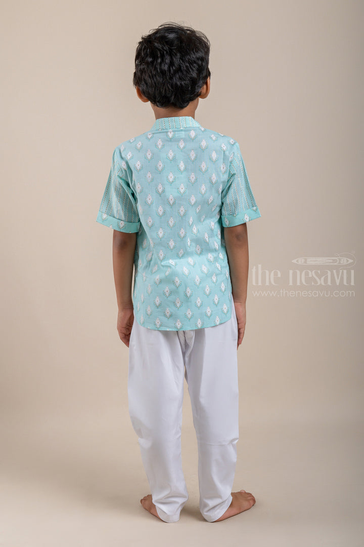 The Nesavu Boys Kurtha Shirt Adorable Butta Printed Turquoise Cotton Shirt For Boys Nesavu Latest Printed Cotton Shirts For Boys | Ethnic Shirt | The Nesavu