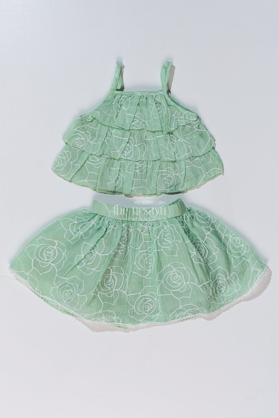 The Nesavu Baby Fancy Frock Adorable Casual Birthday Outfits for Girls with Ruffled Layers and Floral Thread Embroidery Nesavu 18 (2Y) / Green BFJ729A-18 Nesavu Adorable Casual Birthday Outfits Girls Ruffled Layers Floral Thread Embroidery