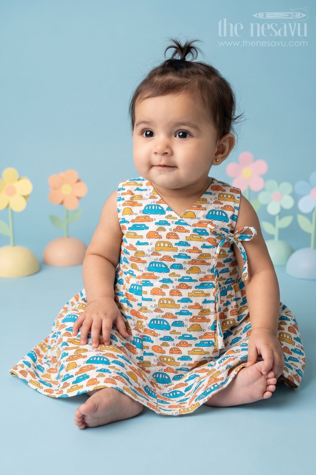 The Nesavu Baby Cotton Frocks Adorable Casual Cotton Frock for Baby Girls with Fun Car Print Comfortable Everyday Wear Nesavu 10 (NB) / Multicolor BFJ687B-10 Nesavu Casual Cotton Frock Baby Girls Comfortable Car Print Dress Everyday Fun