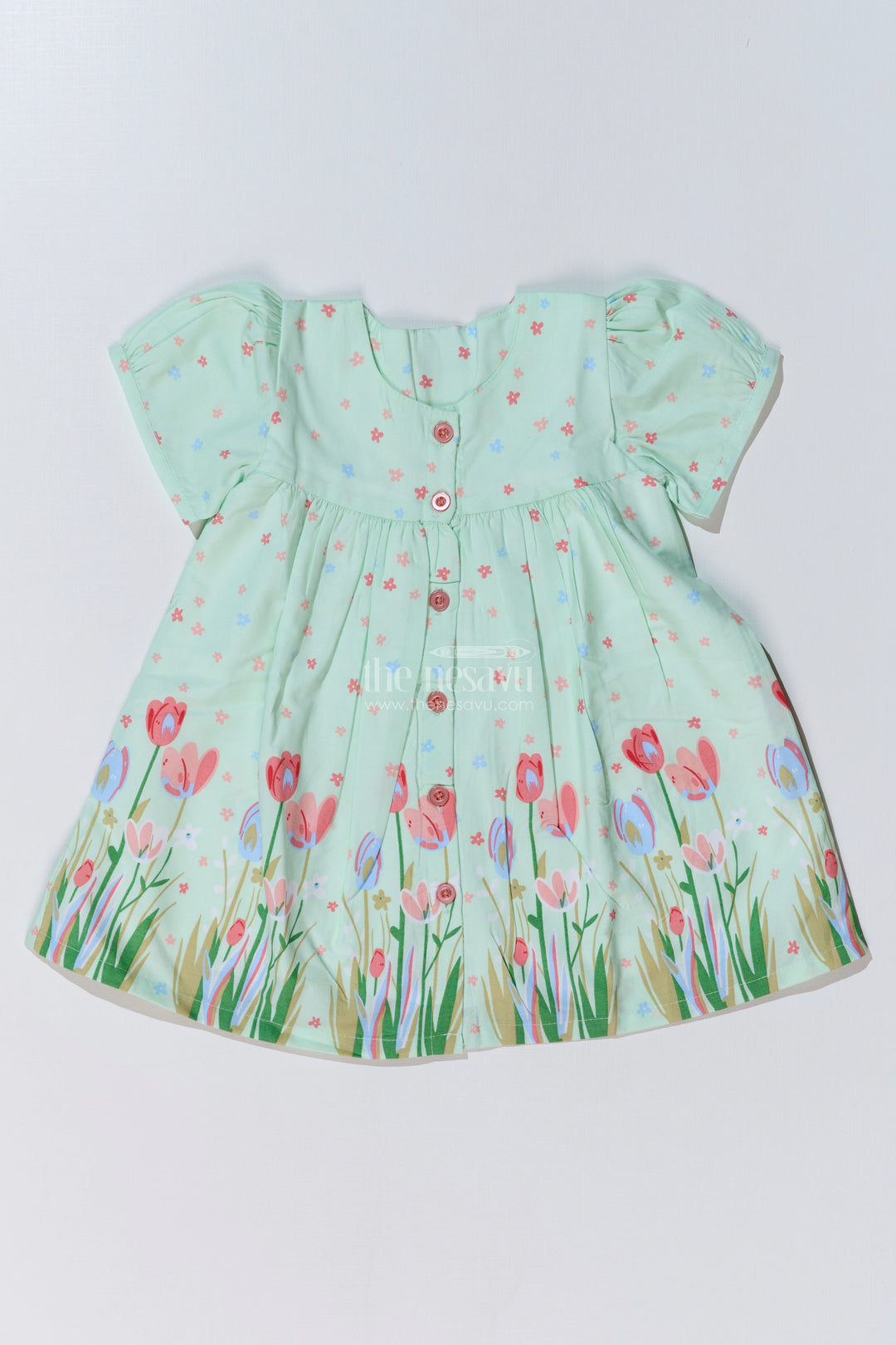 The Nesavu Baby Cotton Frocks Adorable Floral Print Frock Suit for Baby Girls with Button-Front and Puff Sleeves Nesavu 10 (NB) / Green BFJ733A-10 Nesavu Adorable Floral Print Frock Suit Baby Girls Button-Front Puff Sleeves