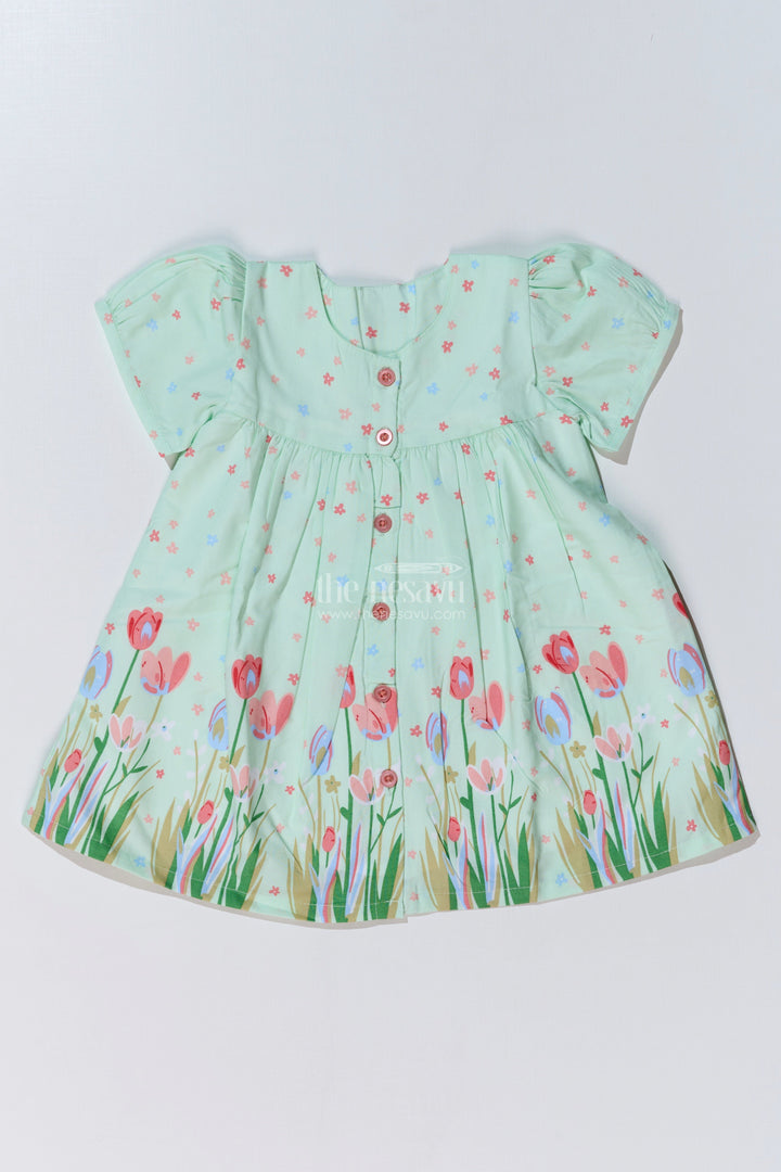 The Nesavu Baby Cotton Frocks Adorable Floral Print Frock Suit for Baby Girls with Button-Front and Puff Sleeves Nesavu 10 (NB) / Green BFJ733A-10 Nesavu Adorable Floral Print Frock Suit Baby Girls Button-Front Puff Sleeves