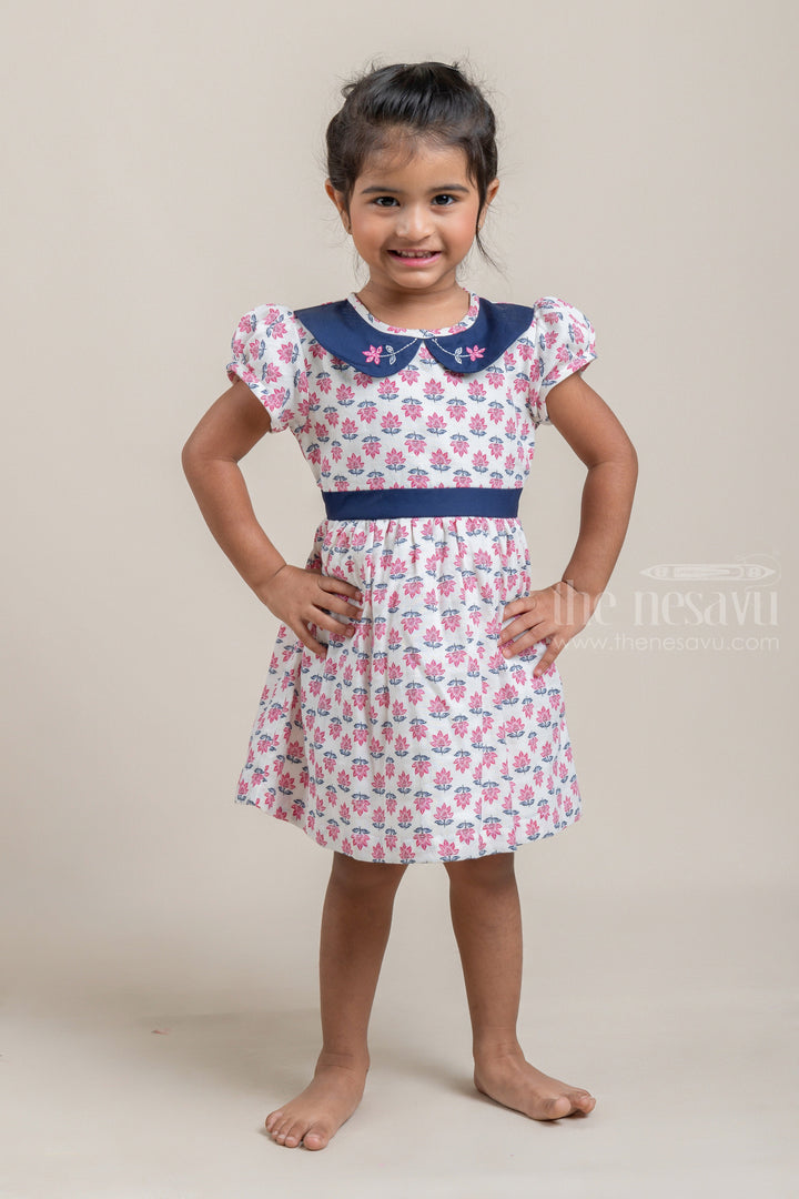 The Nesavu Baby Cotton Frocks Adorable Floral Print White Cotton Dress with Peter Pan Collar for Baby Girls Nesavu 14 (6M) / White / Cotton BFJ409A Adorable Floral Print White Cotton Dress with Peter Pan Collar | The Nesavu