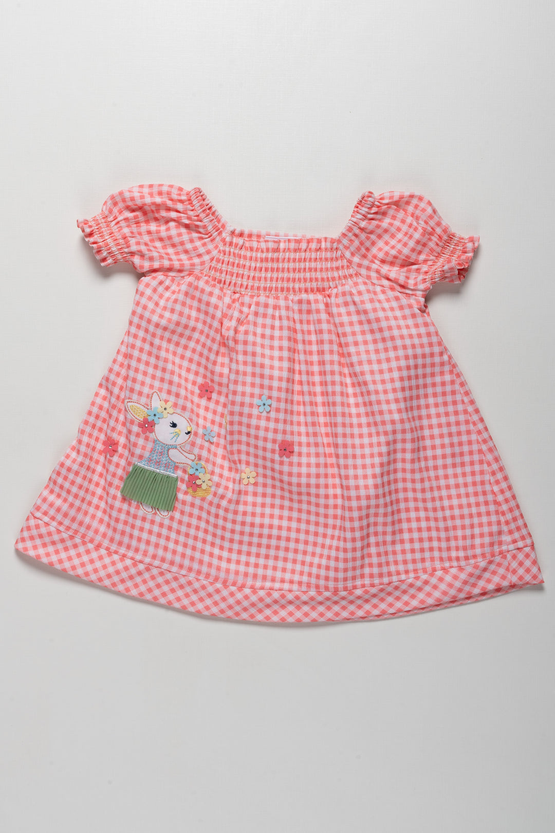 The Nesavu Girls Cotton Frock Adorable Girls Checkered Cotton Frock with Bunny Embroidery Nesavu 14 (6M) / Salmon / Cotton GFC1327A-14 Adorable Girls Checkered Cotton Frock with Bunny Embroidery | The Nesavu