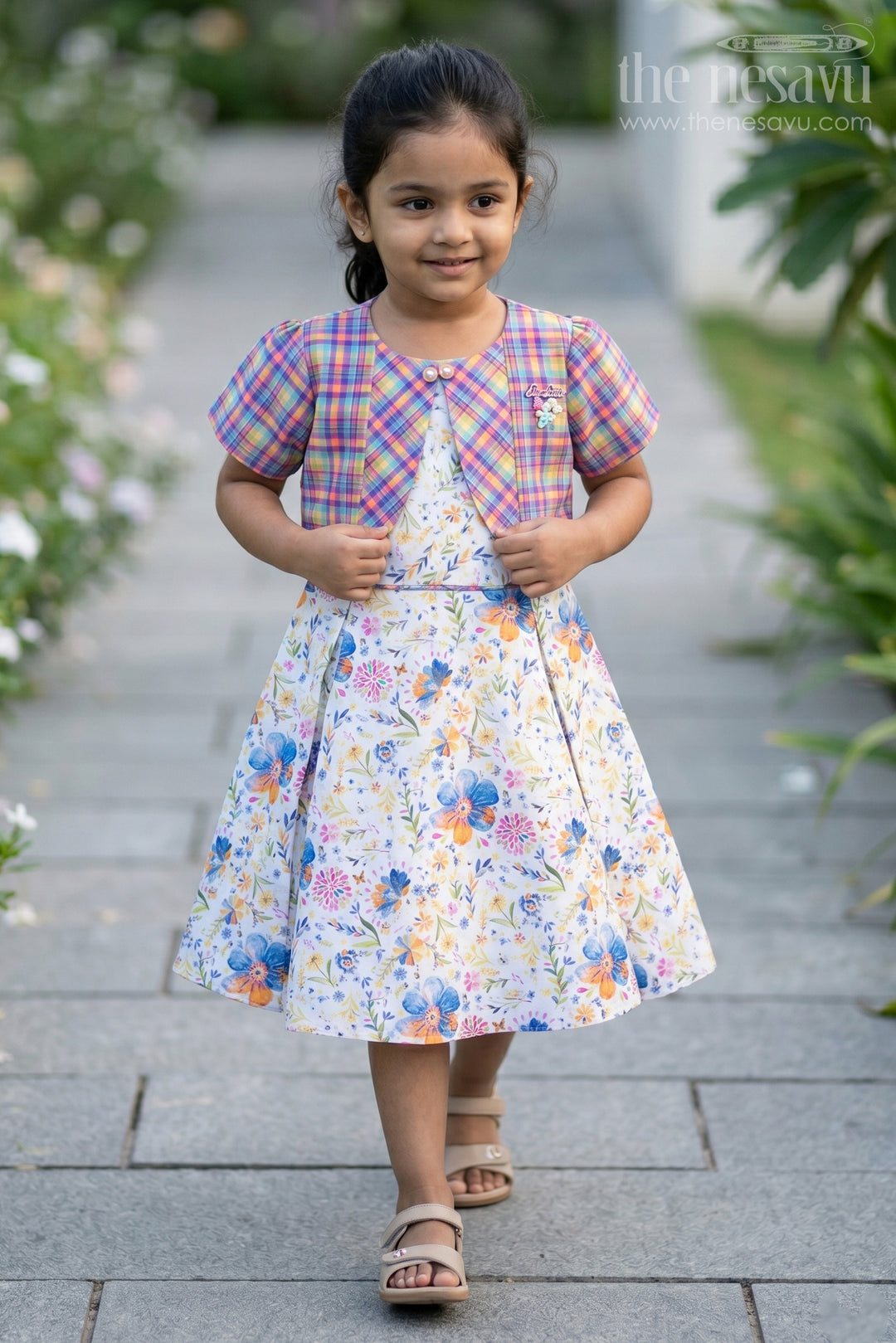 The Nesavu Girls Cotton Frock Adorable Girls Checkered Top and Floral Frock Set Nesavu 20 (3Y) / Blue / Poly Crepe GFC1326A-20 Adorable Girls Checkered Top and Floral Frock Set | The Nesavu