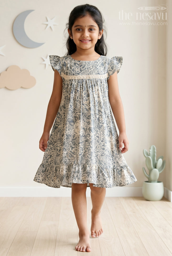 The Nesavu Girls Cotton Frock Adorable Girls Cotton Frill Frock with Lace Yoke and Botanical Floral Print Nesavu 16 (1Y) / Green GFC1548C-16 Nesavu Girls Cotton Frill Frock Lace Yoke Botanical Floral Print Ruffle Details Special Occasions