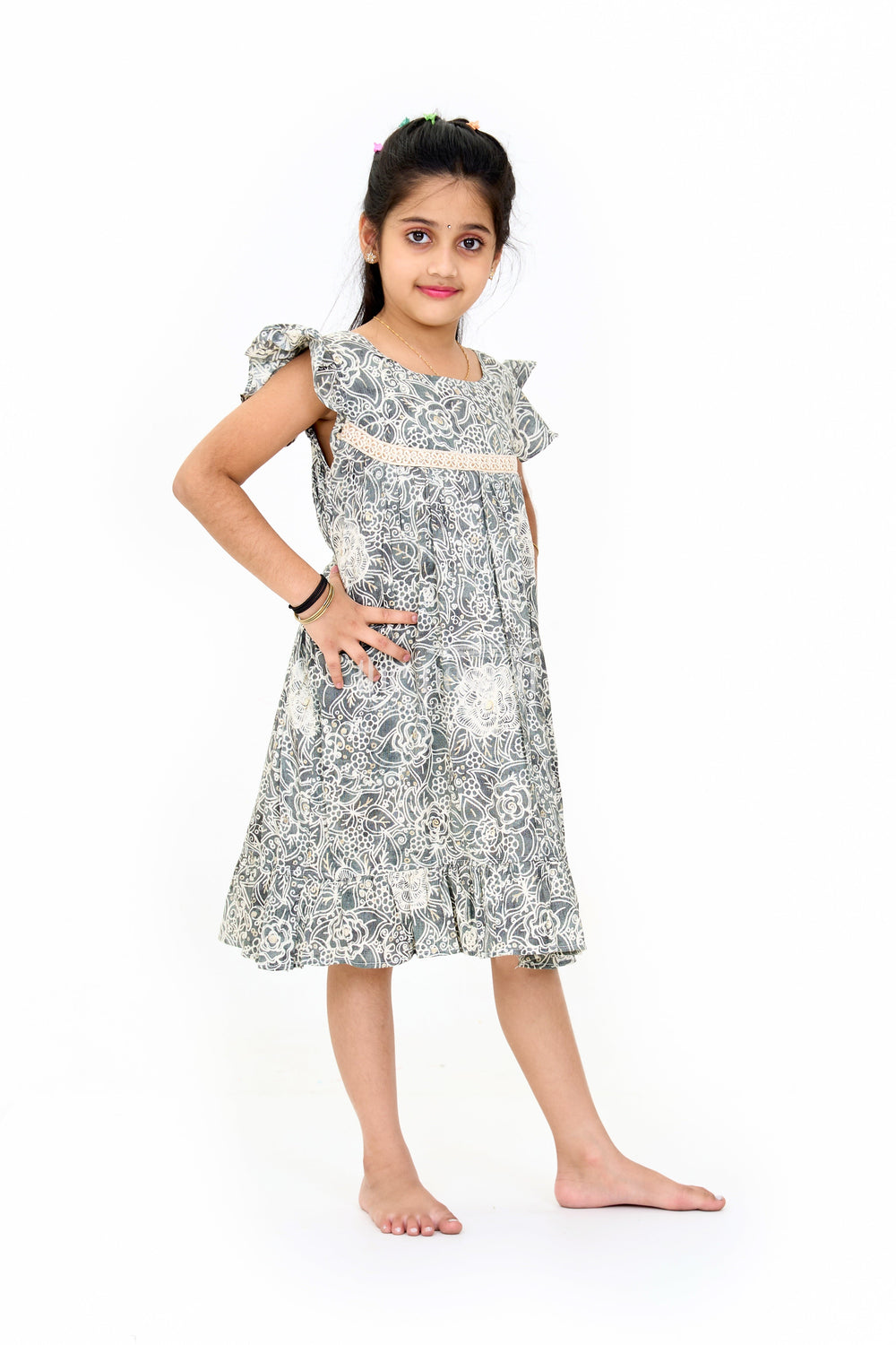 The Nesavu Girls Cotton Frock Adorable Girls Cotton Frill Frock with Lace Yoke and Botanical Floral Print Nesavu Nesavu Girls Cotton Frill Frock Lace Yoke Botanical Floral Print Ruffle Details Special Occasions