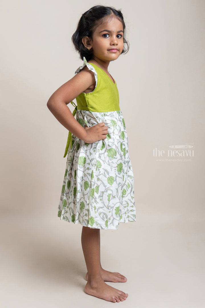 The Nesavu Girls Cotton Frock Adorable Green And White Floral Printed Pleated Cotton Frock For Girls Nesavu Adorable Cotton Frocks for Girls | Cotton Frock For Girls | The Nesavu