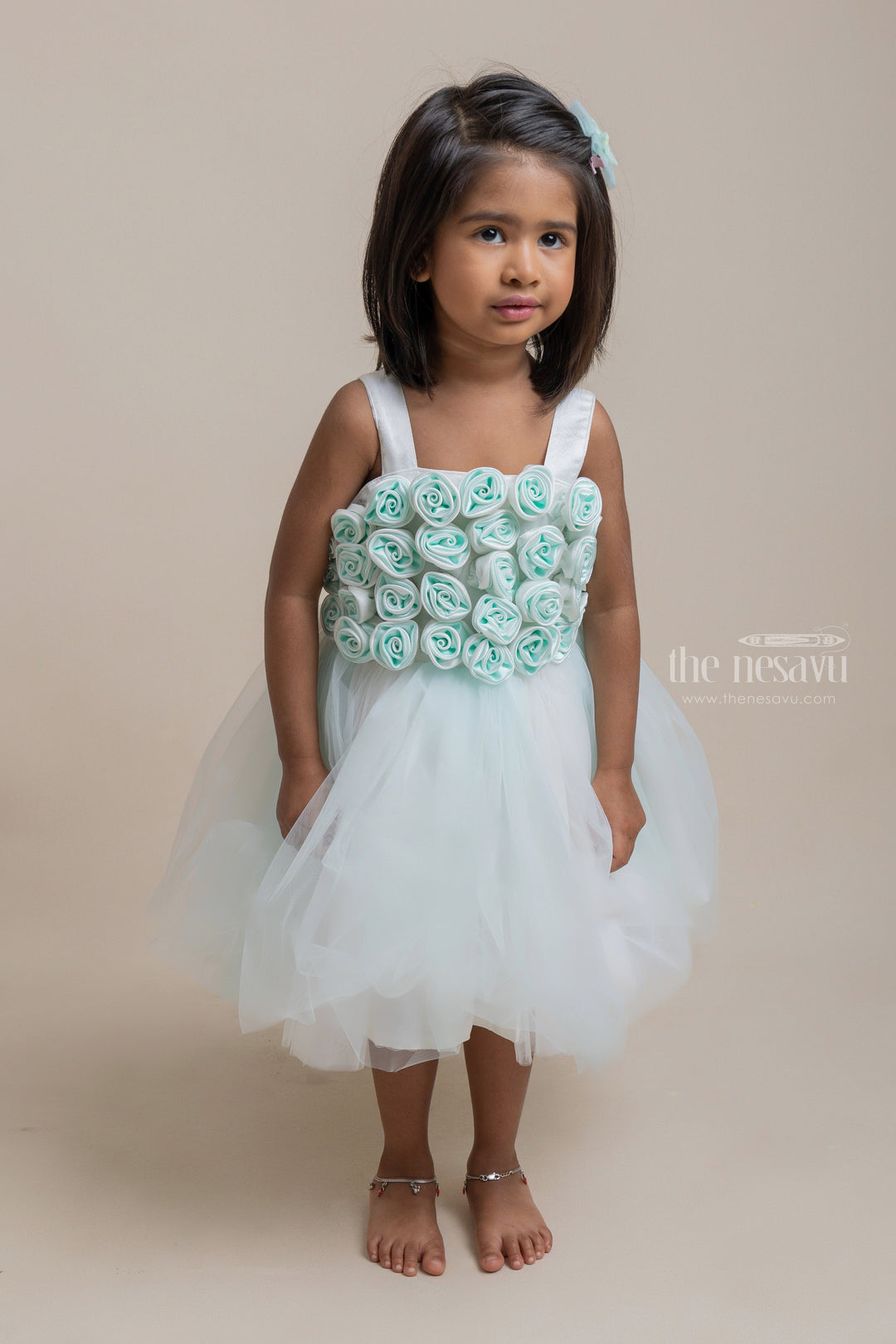 The Nesavu Girls Tutu Frock Adorable Green and White Satin Flower Crafted Soft Tulle Birthday Frock for Girls Nesavu 16 (1Y) / Green PF112B Trendy Party Frock For Girls | Party Wear Collection | The Nesavu