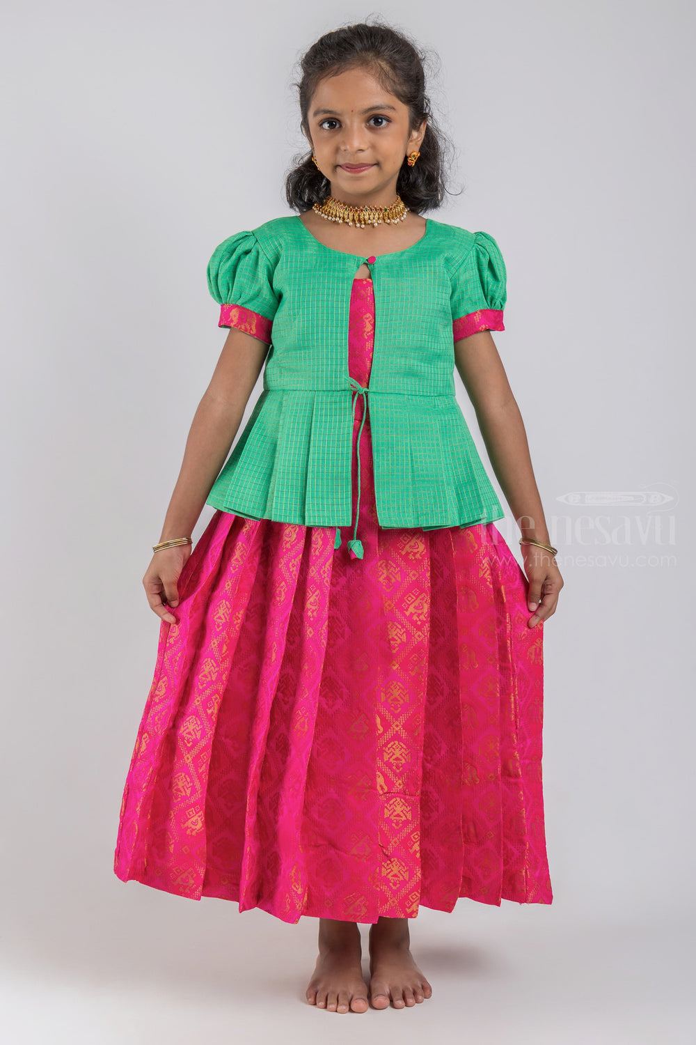The Nesavu Pattu Pavadai Adorable Green Silk Blouse And Pink Pleated Designer Silk Skirt For Girls psr silks Nesavu