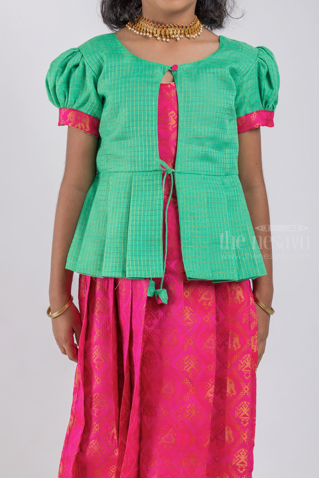 The Nesavu Pattu Pavadai Adorable Green Silk Blouse And Pink Pleated Designer Silk Skirt For Girls psr silks Nesavu