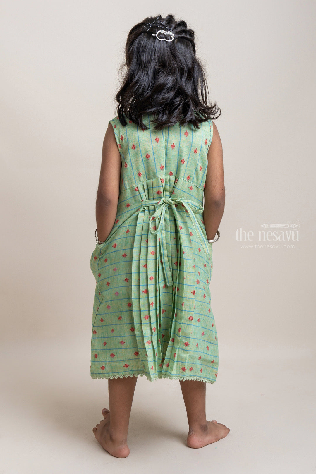 The Nesavu Girls Cotton Frock Adorable Green Sleeveless Butta Printed Slub Cotton Frock With Round Pockets For Girls Nesavu High Quality Cotton Dresses For Girls | Latest Girls Collection | The Nesavu