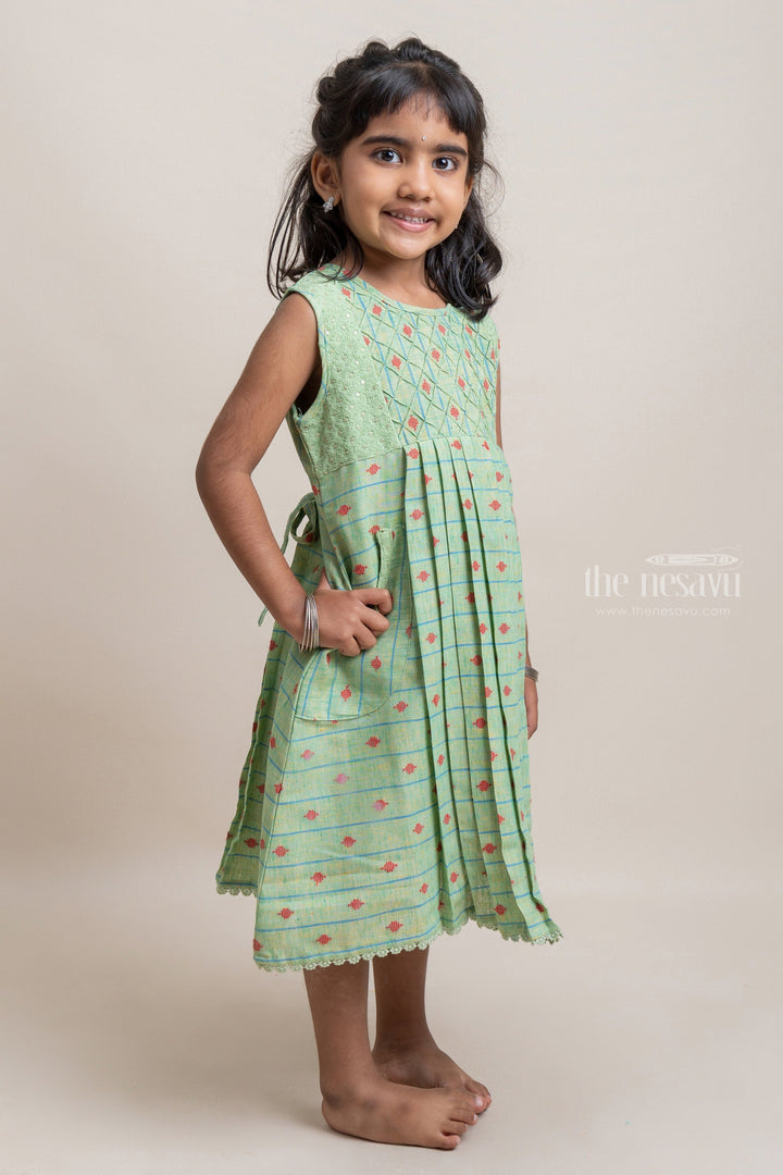 The Nesavu Girls Cotton Frock Adorable Green Sleeveless Butta Printed Slub Cotton Frock With Round Pockets For Girls Nesavu High Quality Cotton Dresses For Girls | Latest Girls Collection | The Nesavu