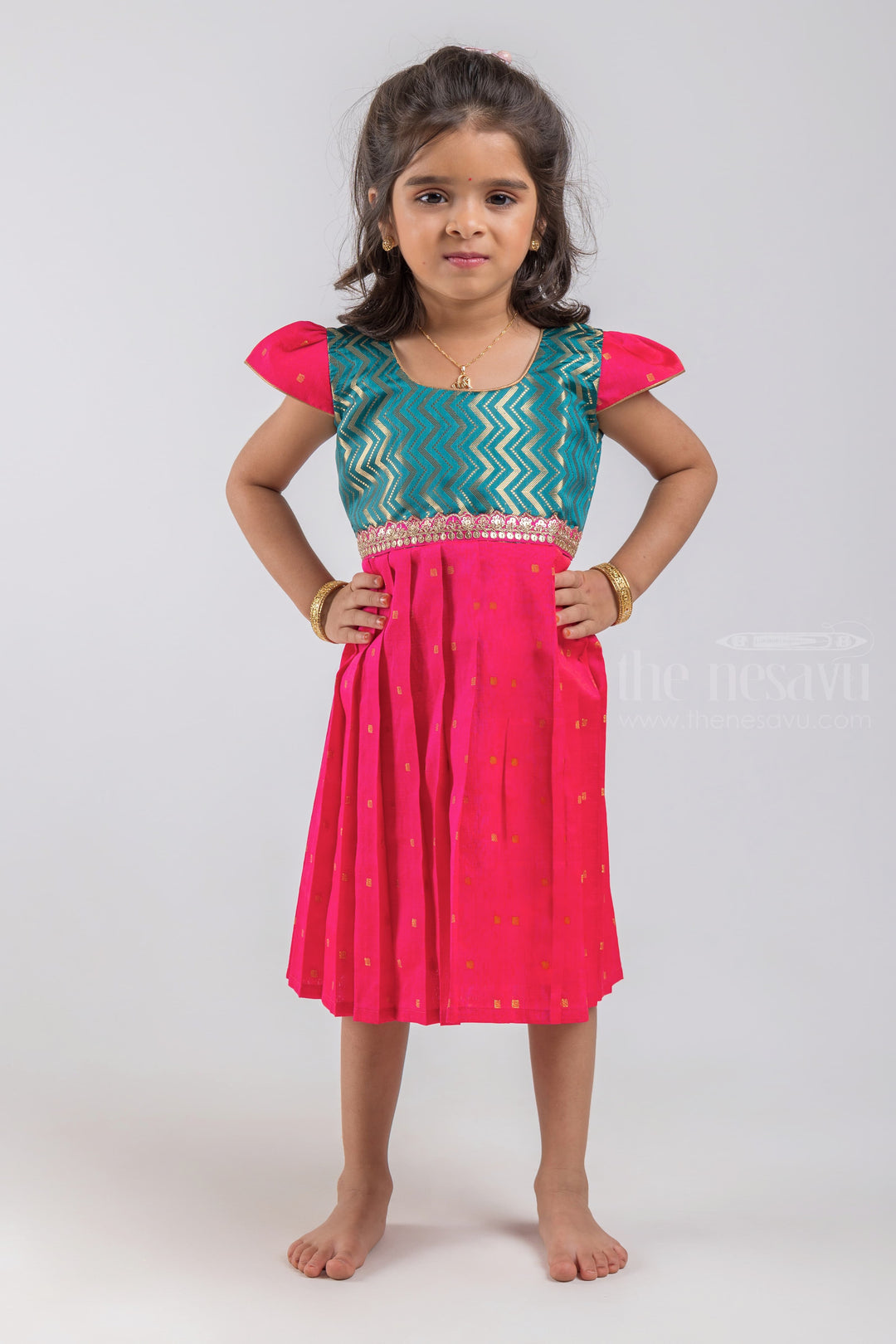 The Nesavu Silk Embroidered Frock Adorable Green Zig-Zag Designer Yoke Lush Little Pattu Frock for Kids psr silks Nesavu 16 (1Y) / Pink / Semi Silk SF563