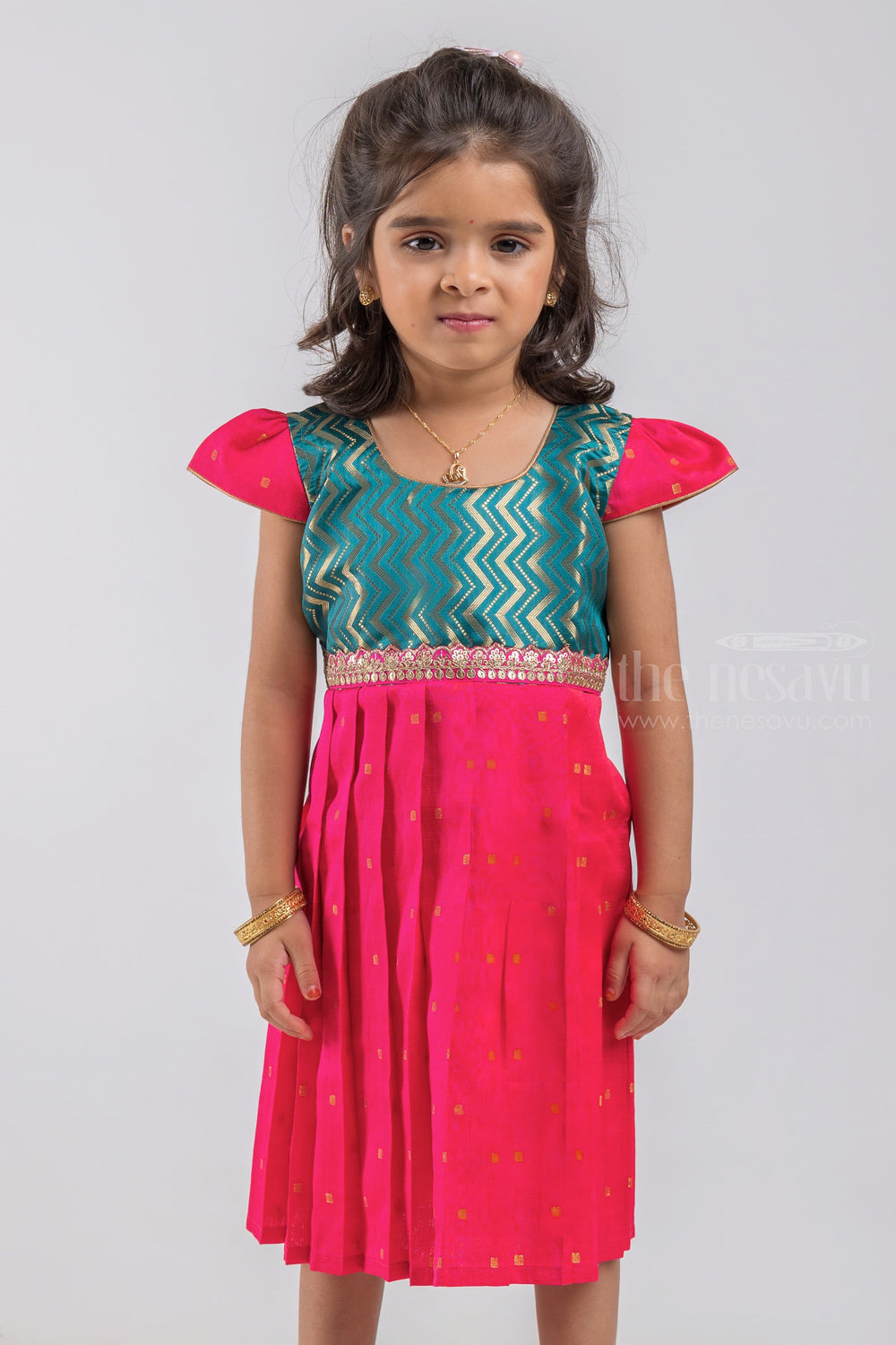 The Nesavu Silk Embroidered Frock Adorable Green Zig-Zag Designer Yoke Lush Little Pattu Frock for Kids psr silks Nesavu