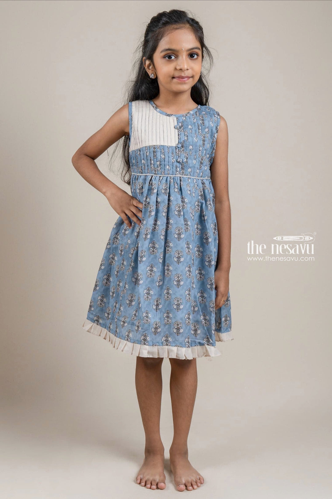 The Nesavu Girls Fancy Frock Adorable Hand Block Printed Sleeveless Blue Cotton Frock with Embellished Potli Button for Girls Nesavu 16 (1Y) / Blue / Cotton GFC1056A-16 Hand Block Printed Cotton Frock | Latest Cotton Frock | The Nesavu