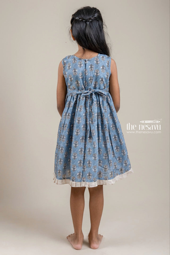 The Nesavu Girls Fancy Frock Adorable Hand Block Printed Sleeveless Blue Cotton Frock with Embellished Potli Button for Girls Nesavu Hand Block Printed Cotton Frock | Latest Cotton Frock | The Nesavu