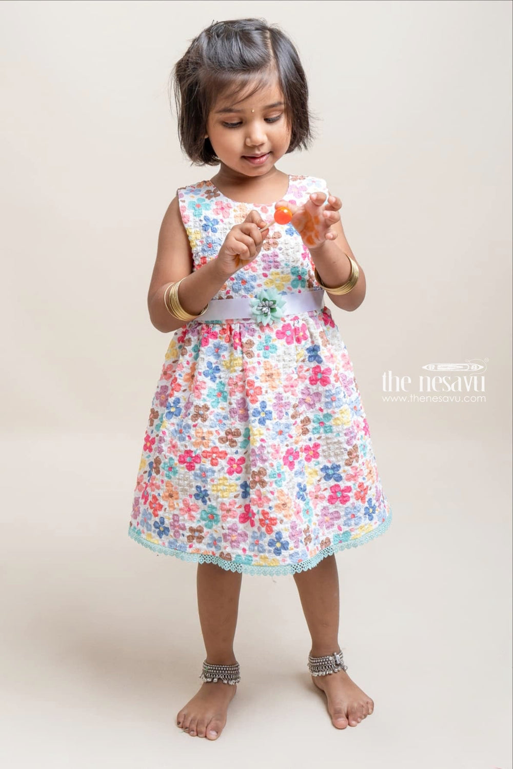 The Nesavu Baby Fancy Frock Adorable Multi-colored Floral Printed Sleeveless Frock For Baby Girls Nesavu Comfortable cotton frocks for babies | Flower Designed Frocks | The Nesavu